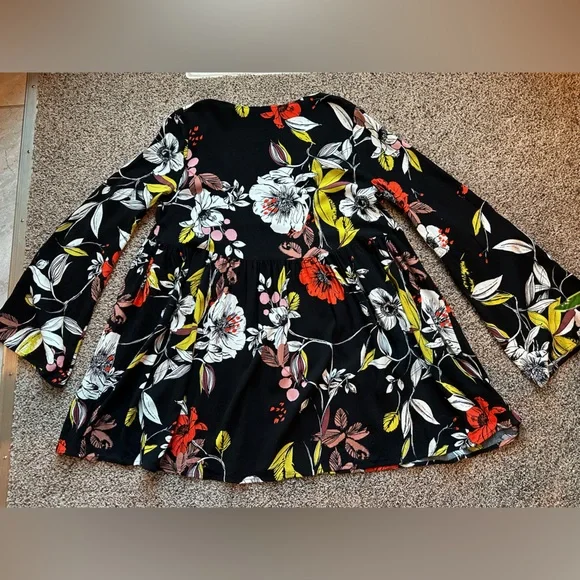 Free People Black Floral Plunging V Neckline tunic top or mini dress - Picture 5 of 8